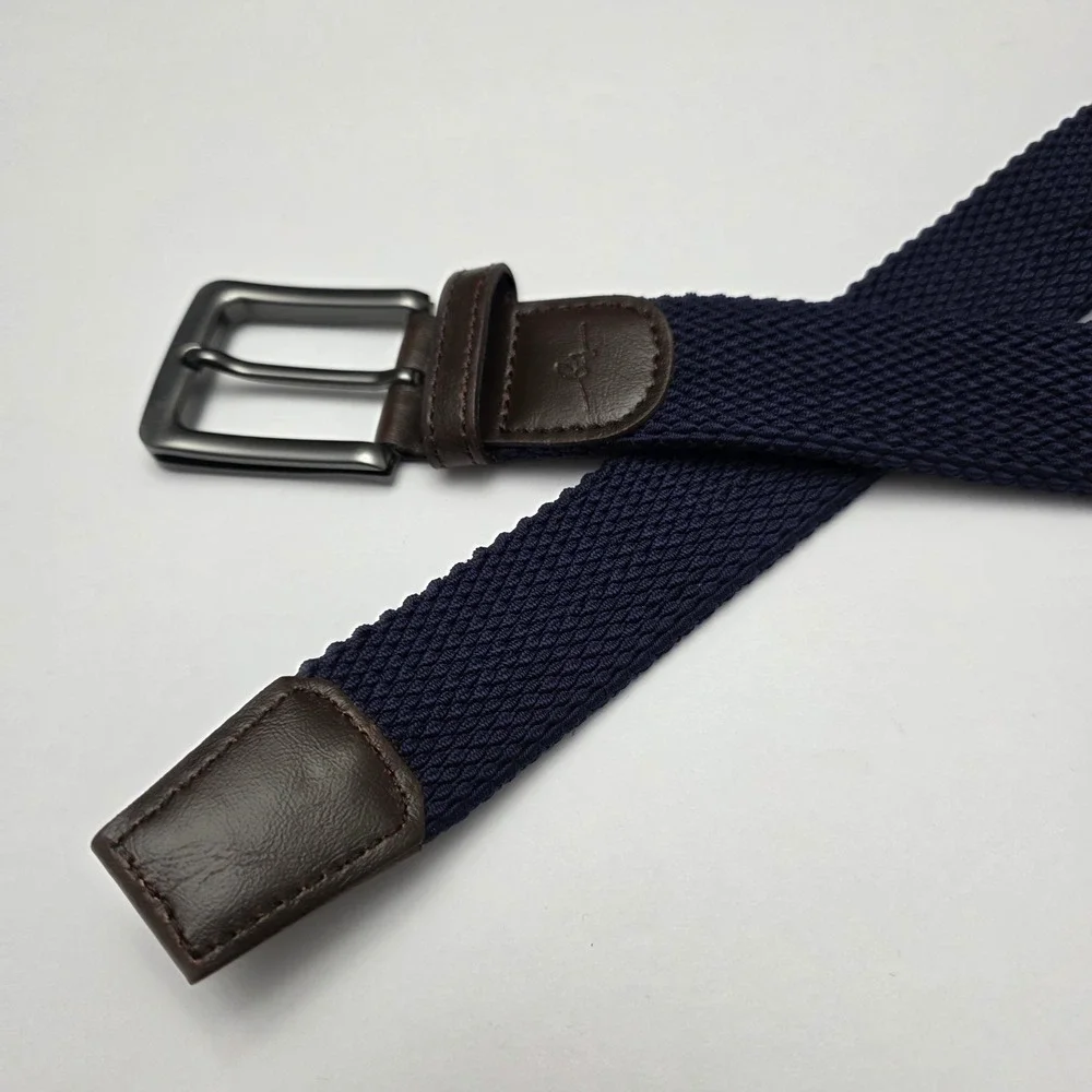 Boston Scott Men's Navy Stretchy Belt Brown Leather Trim Gunmetal Buckle Size 40